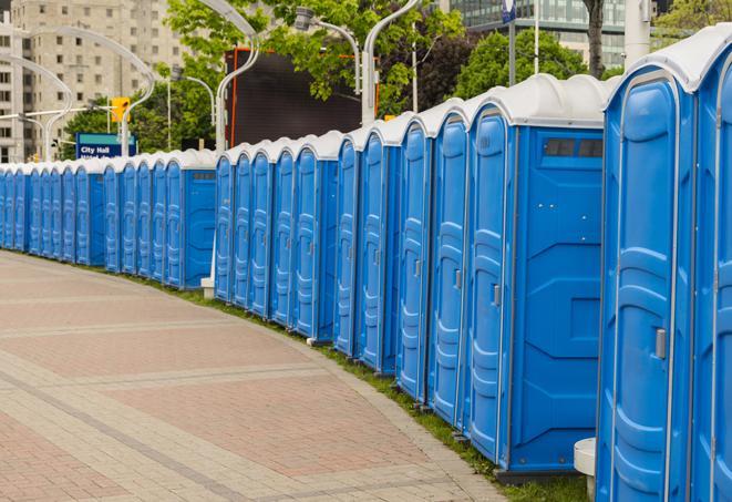 festive, colorfully decorated portable restrooms for a seasonal event in Barrington